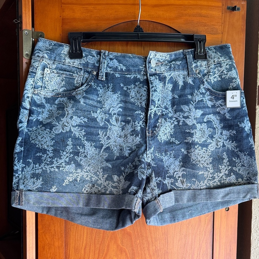 Time and Tru Blue Floral Jean Shorts